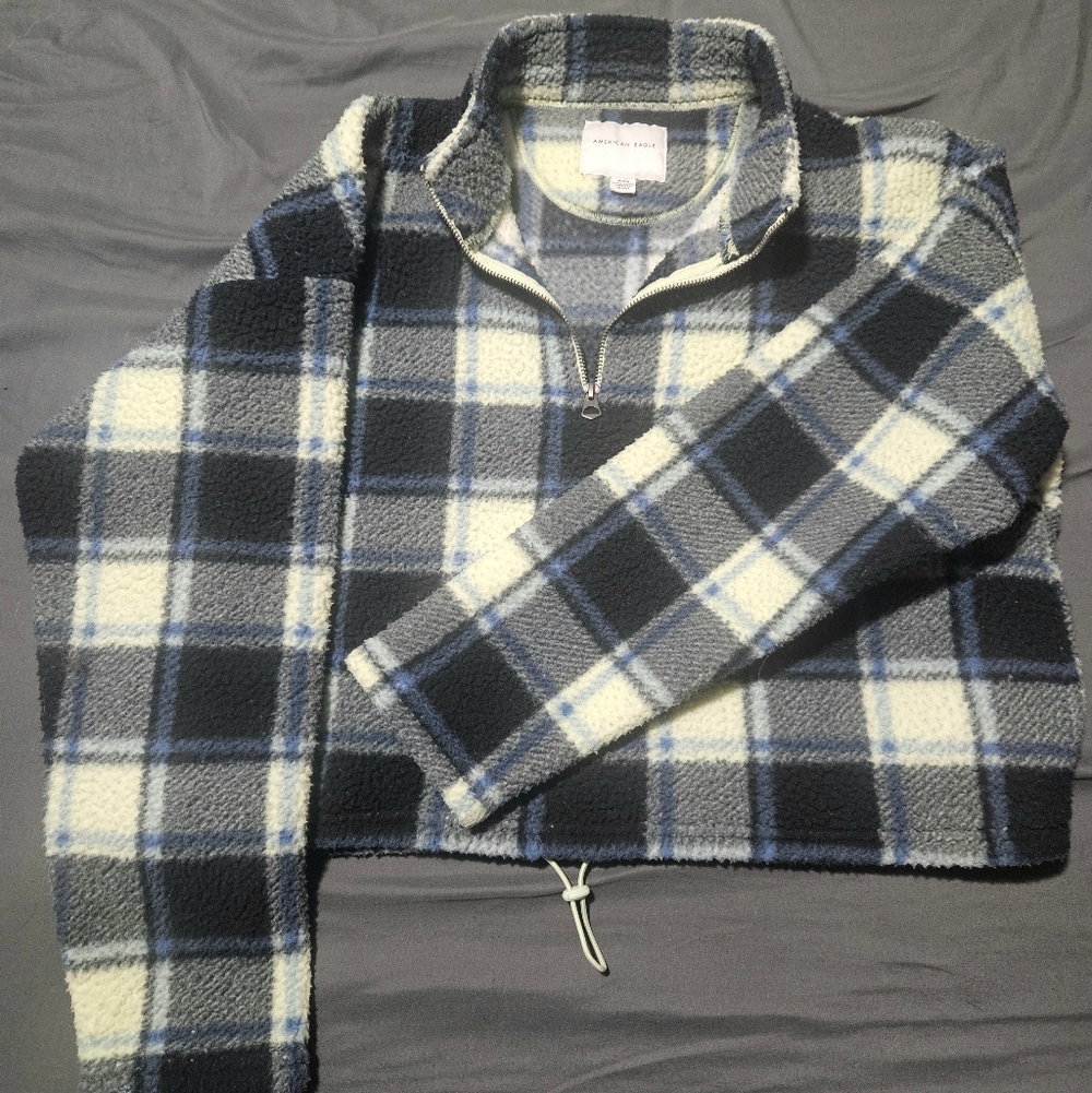 American Eagle Outfitters Navy and Cream Zip-Up Crop Sweater